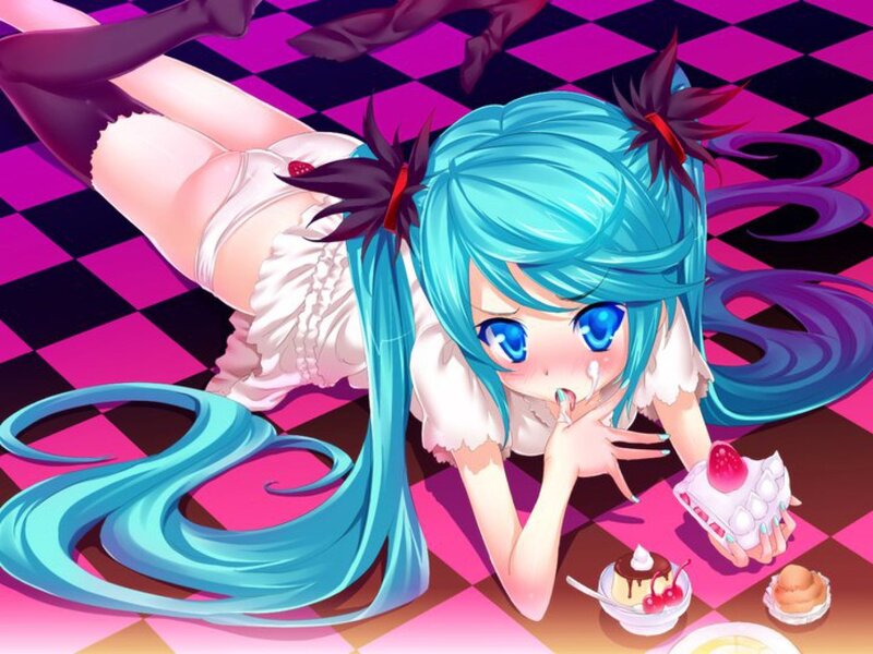 Blue-haired anime girl with desserts