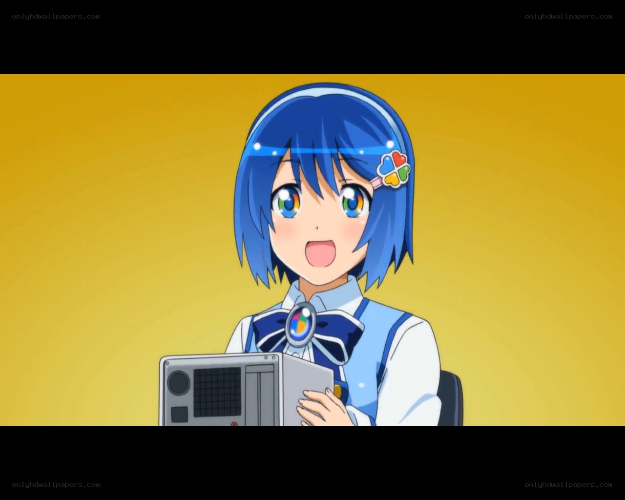 blue-haired anime girl with device