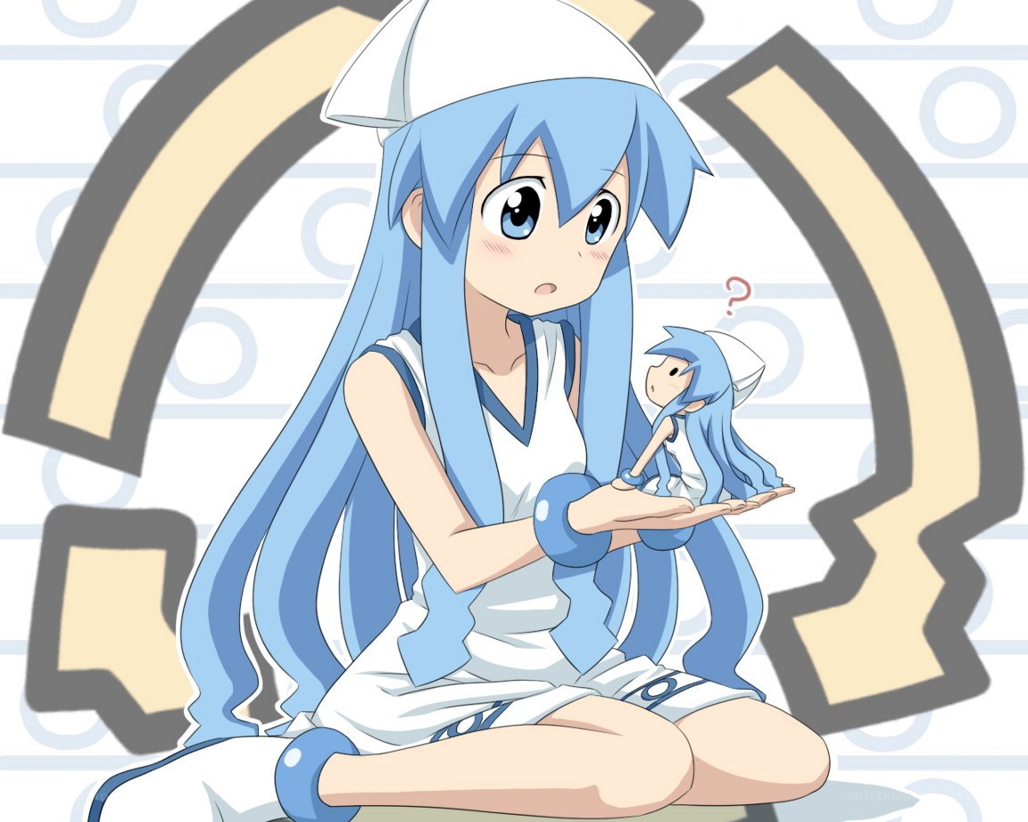blue-haired anime girl with doll