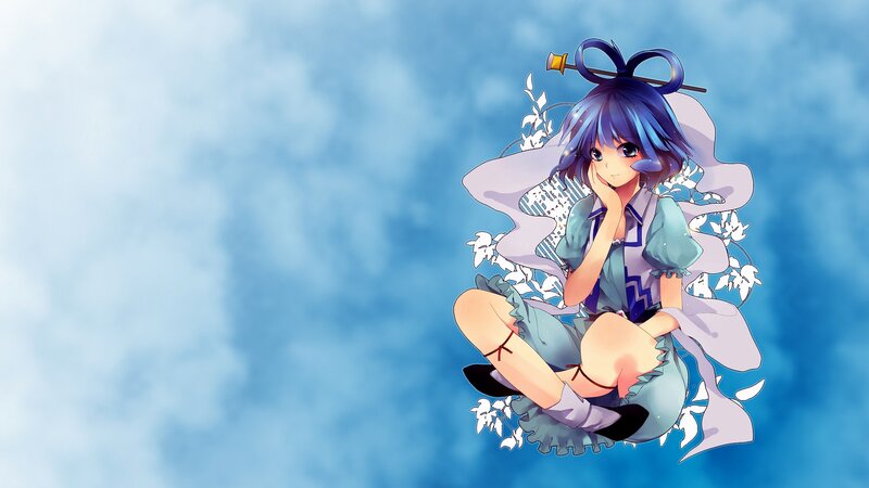 blue-haired anime girl with fan