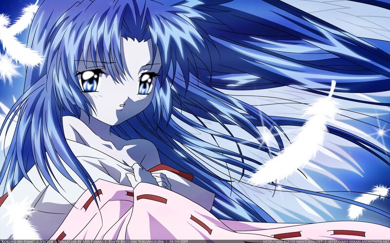 blue-haired anime girl with feathers