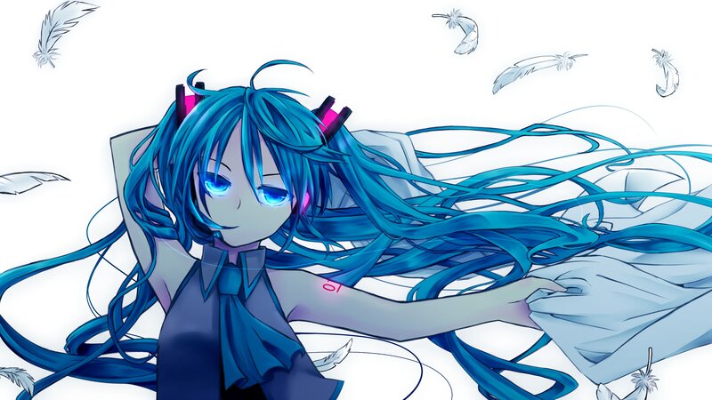 blue-haired anime girl with feathers