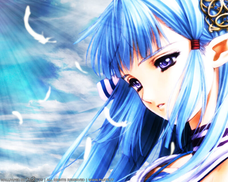 blue-haired anime girl with feathers