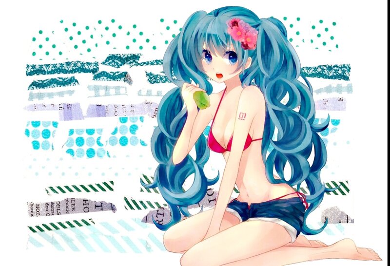 blue-haired anime girl with flower