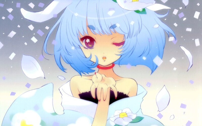 blue-haired anime girl with flower
