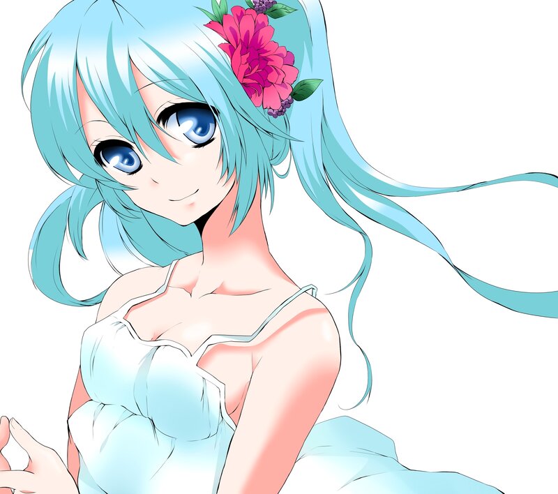 blue-haired anime girl with flower
