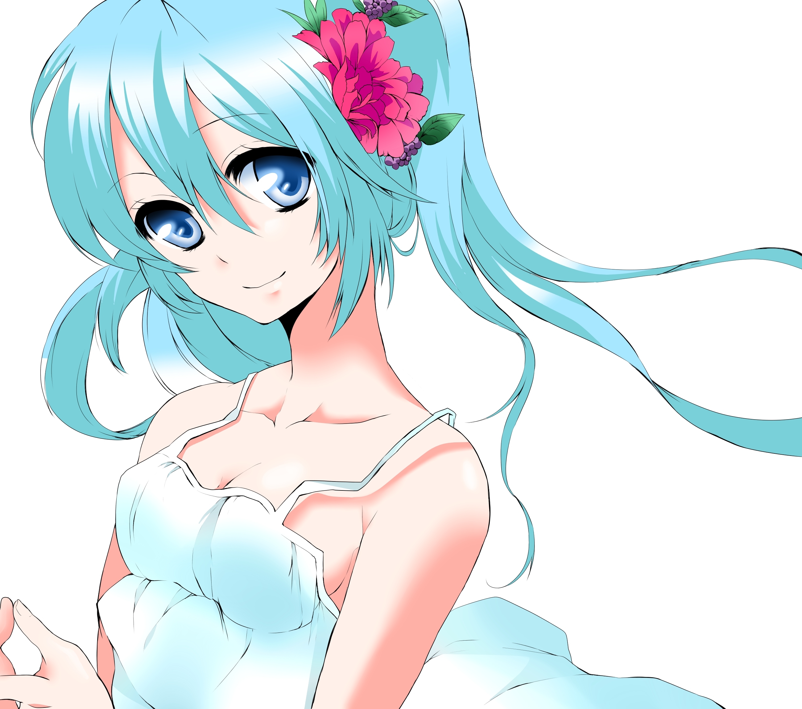 blue-haired anime girl with flower