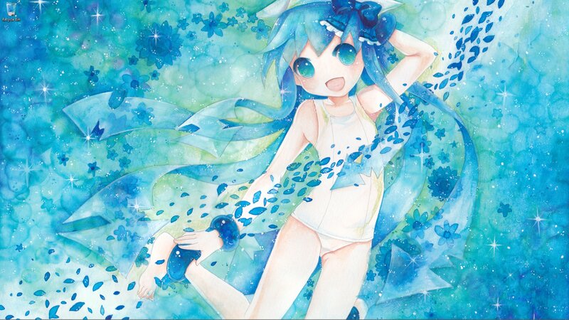 blue-haired anime girl with flowers