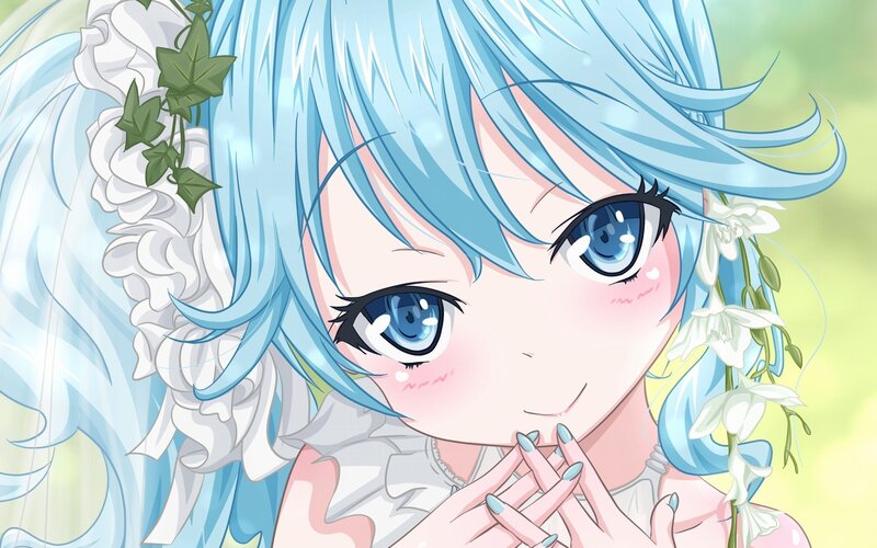 blue-haired anime girl with flowers