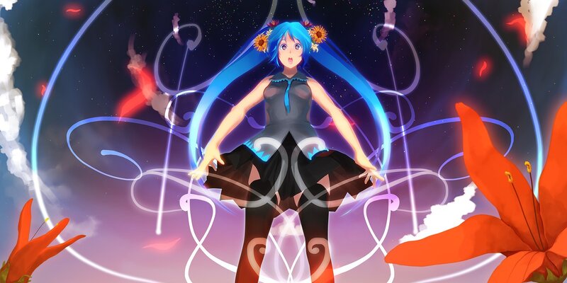 blue-haired anime girl with flowers