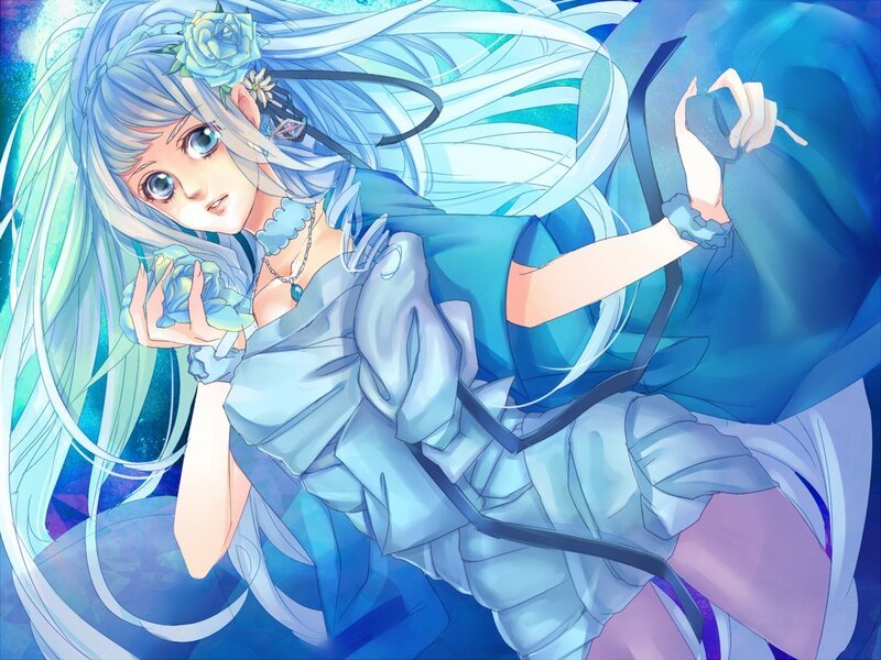 blue-haired anime girl with flowers