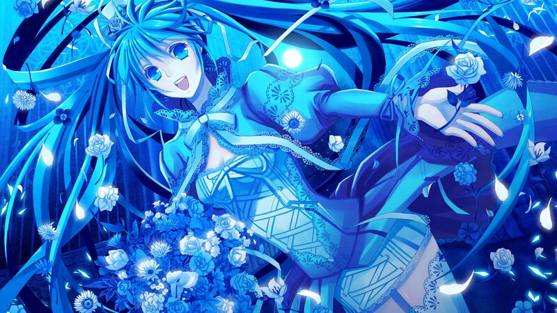 blue-haired anime girl with flowers