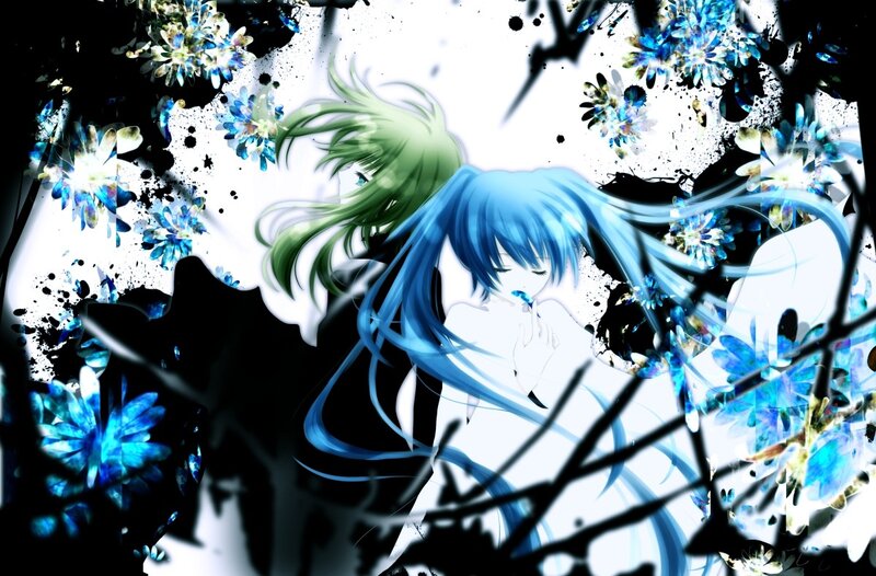 blue-haired anime girl with flowers