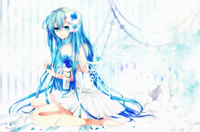 blue-haired anime girl with flowers