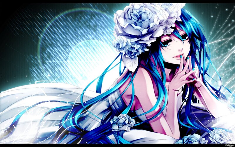 blue-haired anime girl with flowers