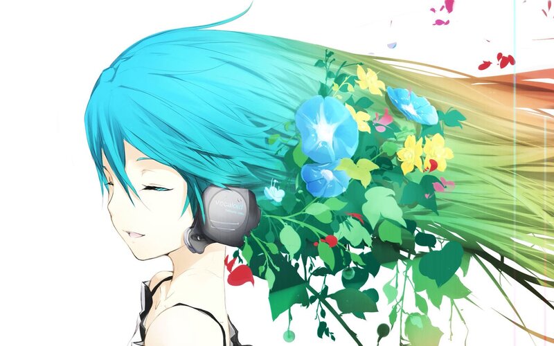 blue-haired anime girl with flowers