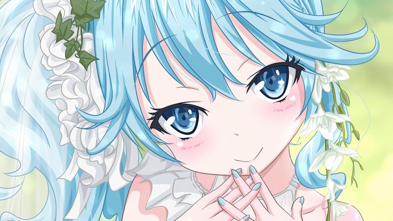 blue-haired anime girl with flowers