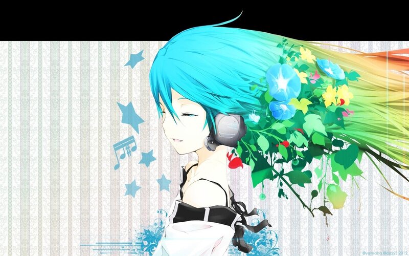 blue-haired anime girl with flowers