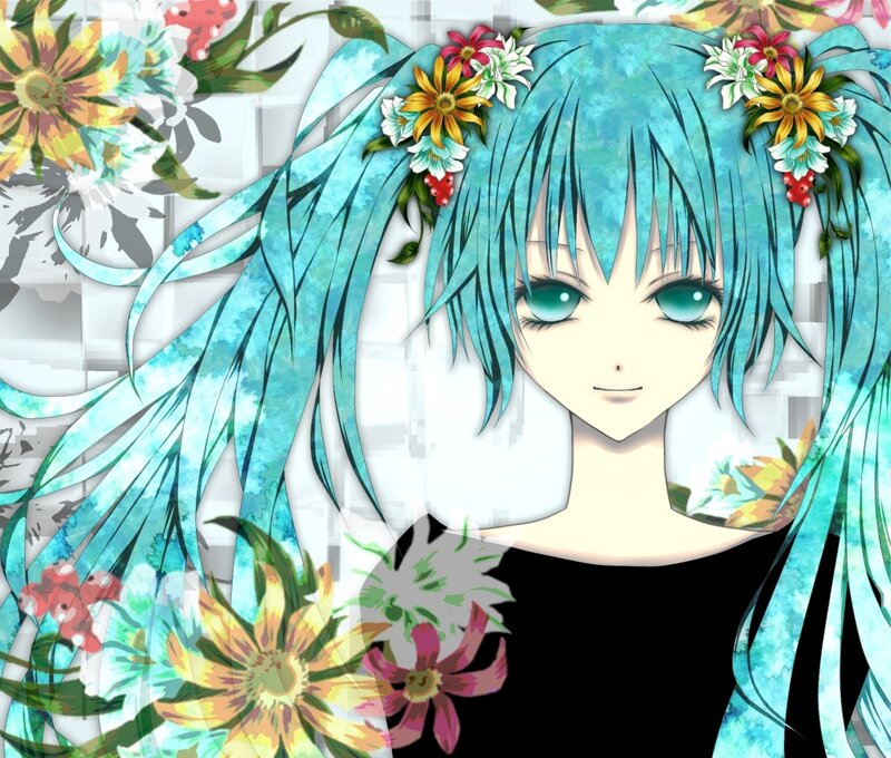 blue-haired anime girl with flowers