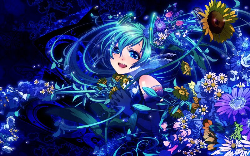 blue-haired anime girl with flowers