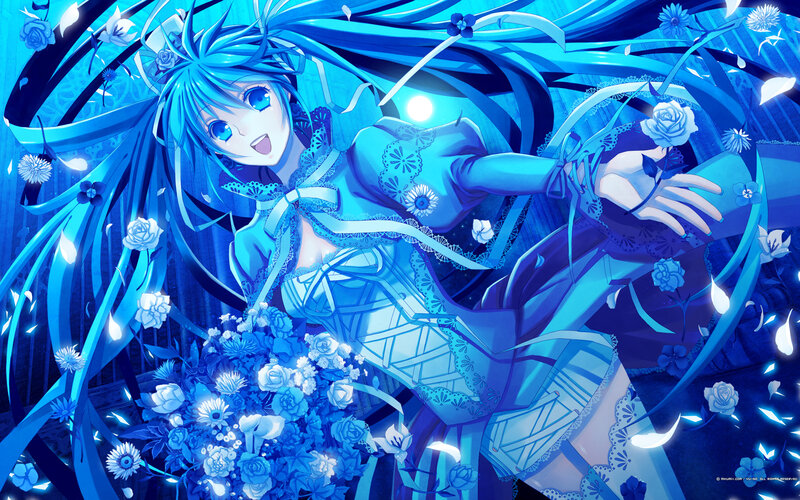 blue-haired anime girl with flowers