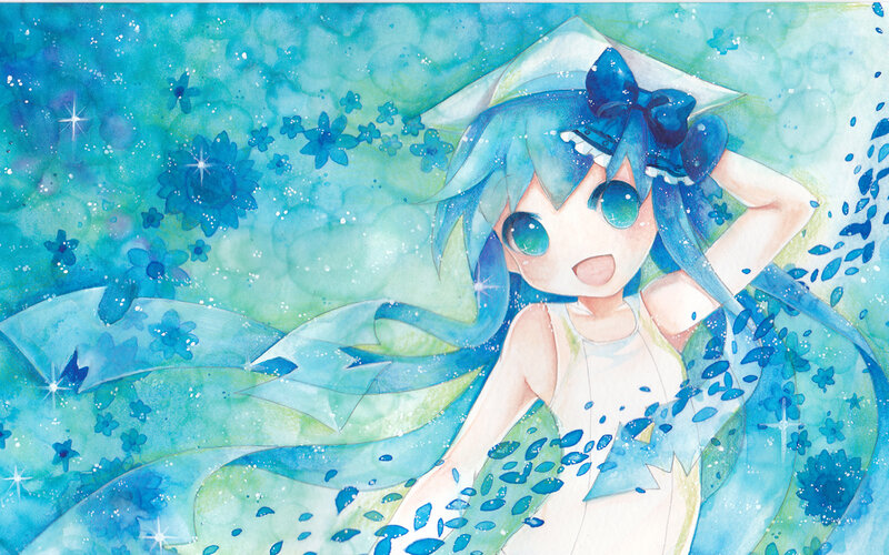 blue-haired anime girl with flowers