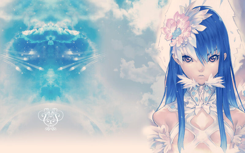 blue-haired anime girl with flowers