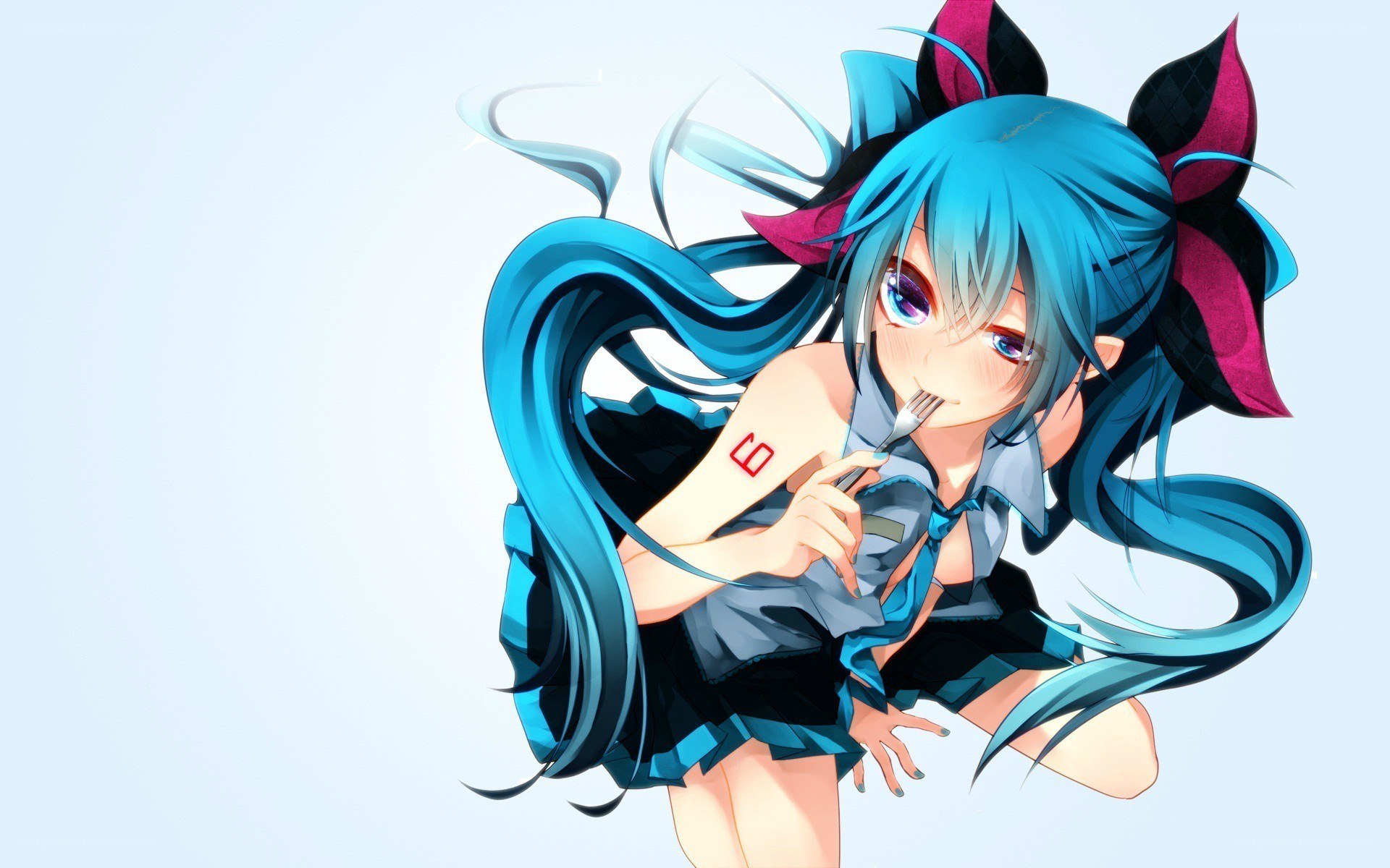blue-haired anime girl with fork