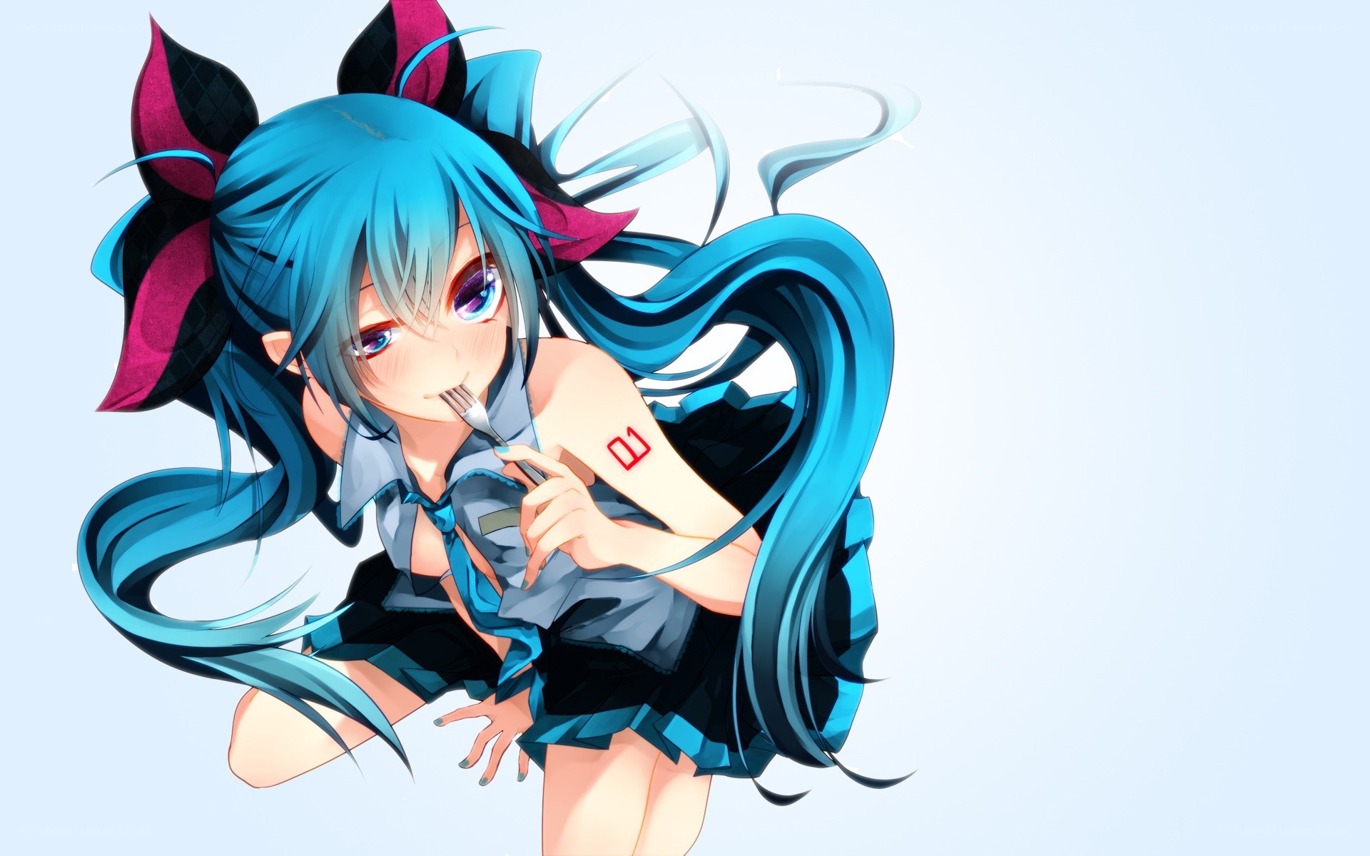 blue-haired anime girl with fork