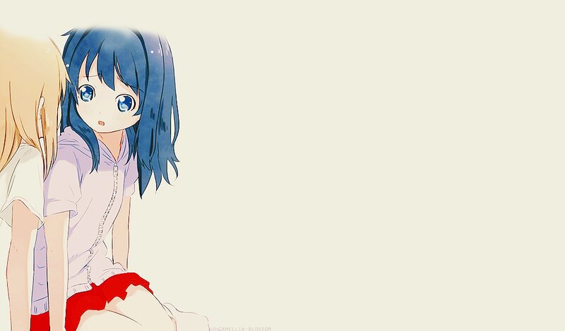 blue-haired anime girl with friend