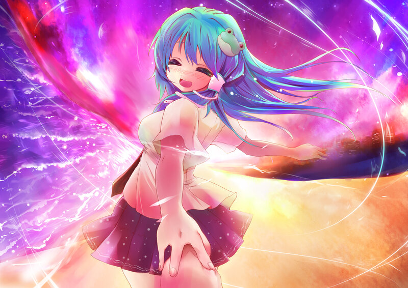 blue-haired anime girl with frog