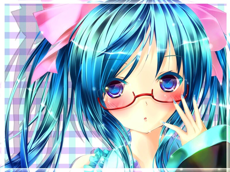 blue-haired anime girl with glasses