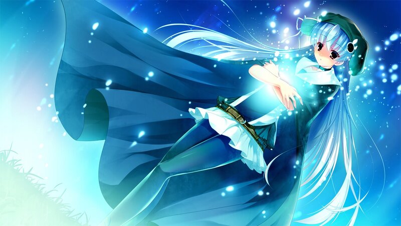 blue-haired anime girl with glowing aura