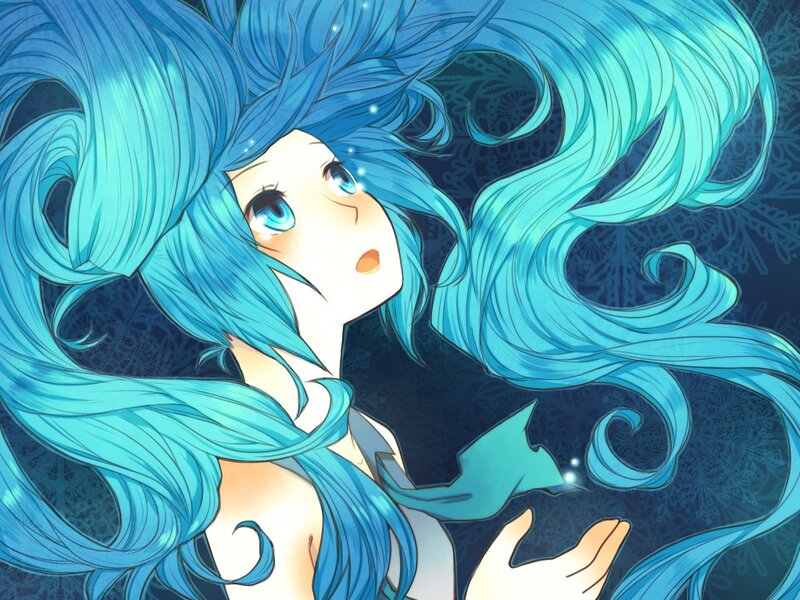blue-haired anime girl with glowing eyes