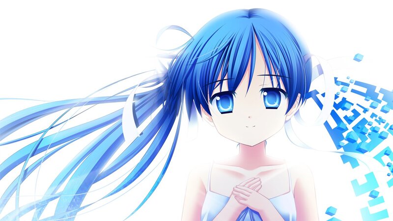 blue-haired anime girl with glowing eyes
