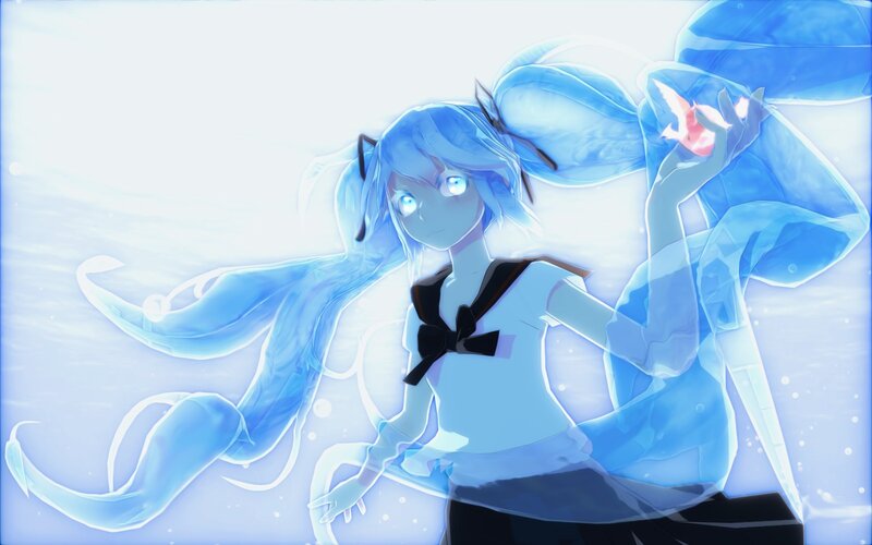 blue-haired anime girl with glowing eyes