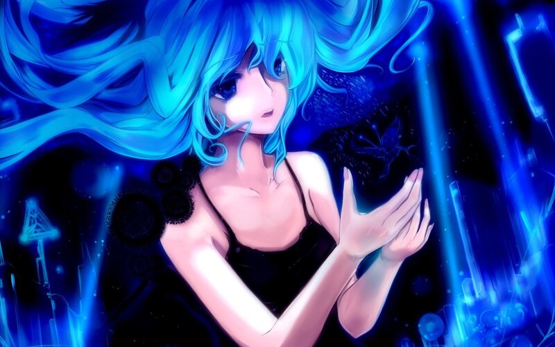 blue-haired anime girl with glowing hands