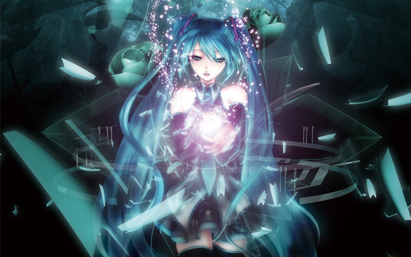 blue-haired anime girl with glowing hands