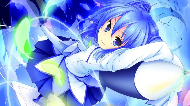 blue-haired anime girl with glowing magic