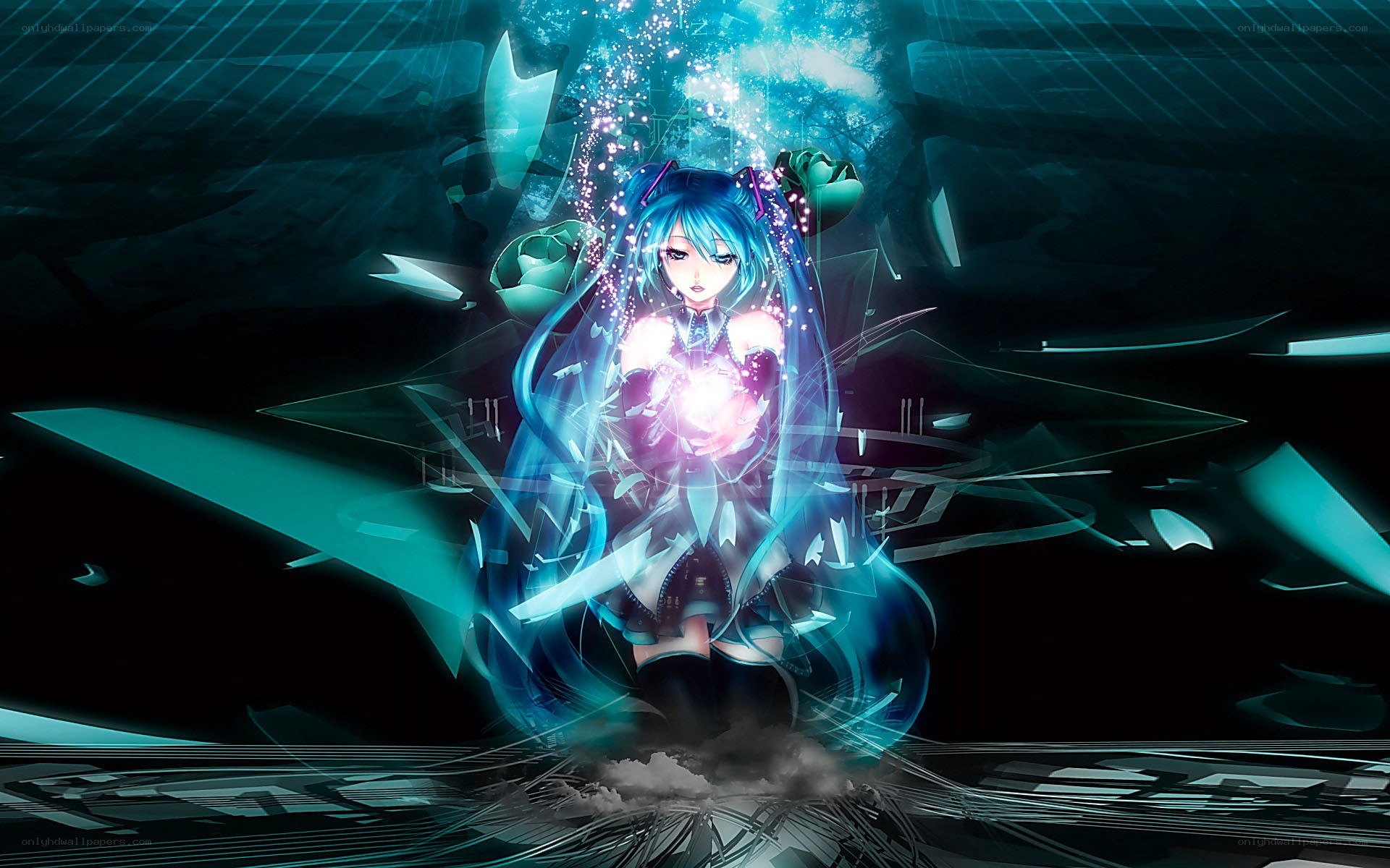 blue-haired anime girl with glowing orb