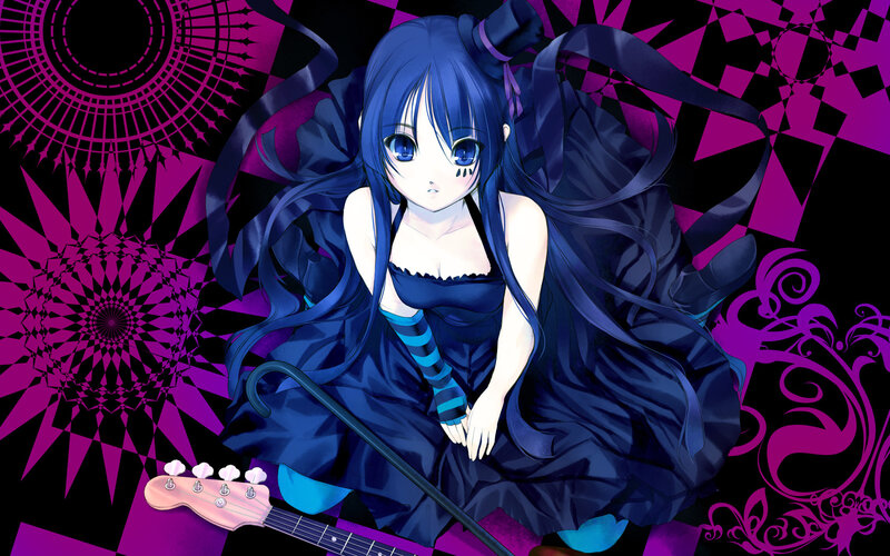 blue-haired anime girl with guitar