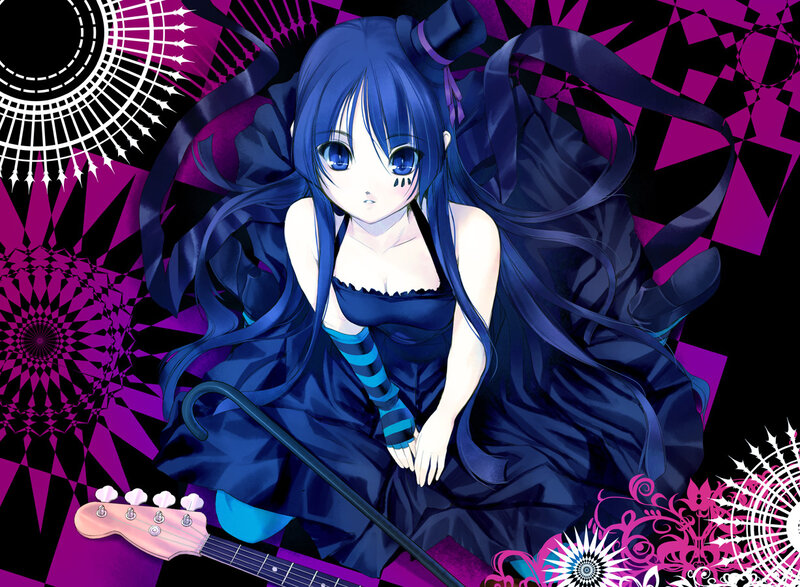 blue-haired anime girl with guitar