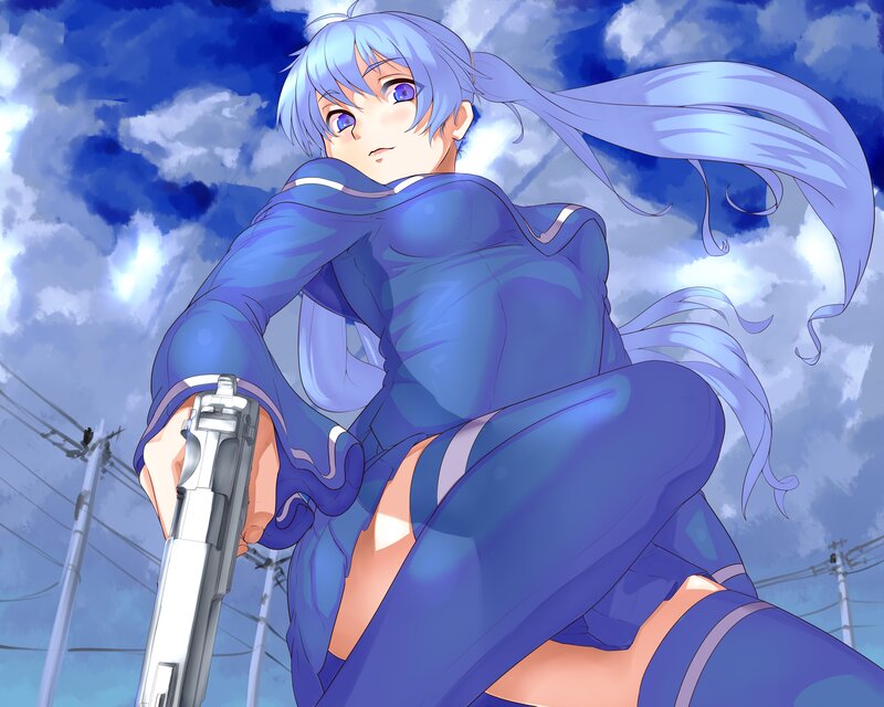 blue-haired anime girl with gun