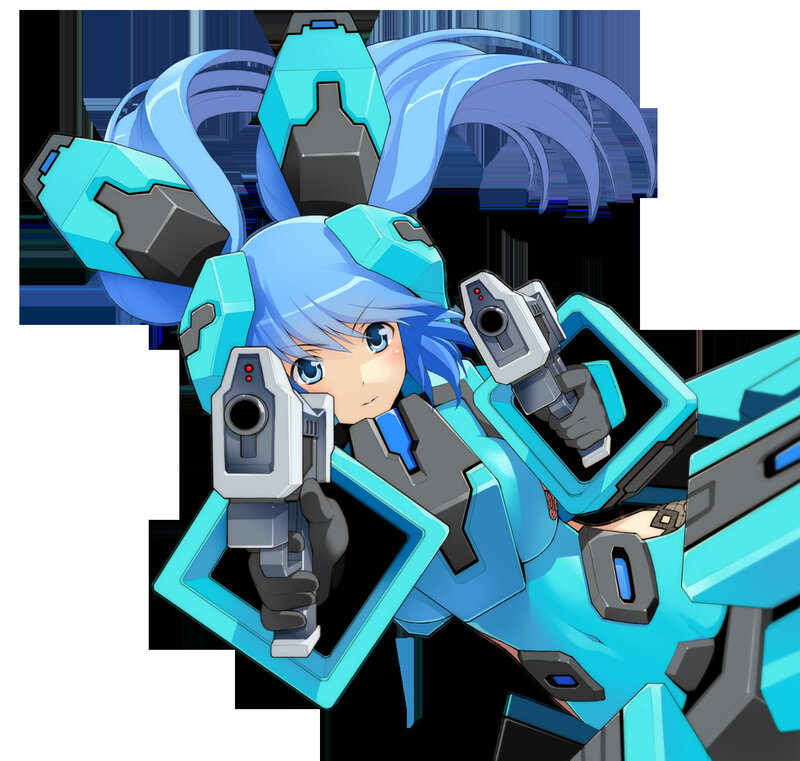 blue-haired anime girl with guns