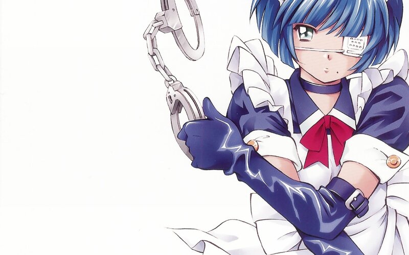 blue-haired anime girl with handcuffs