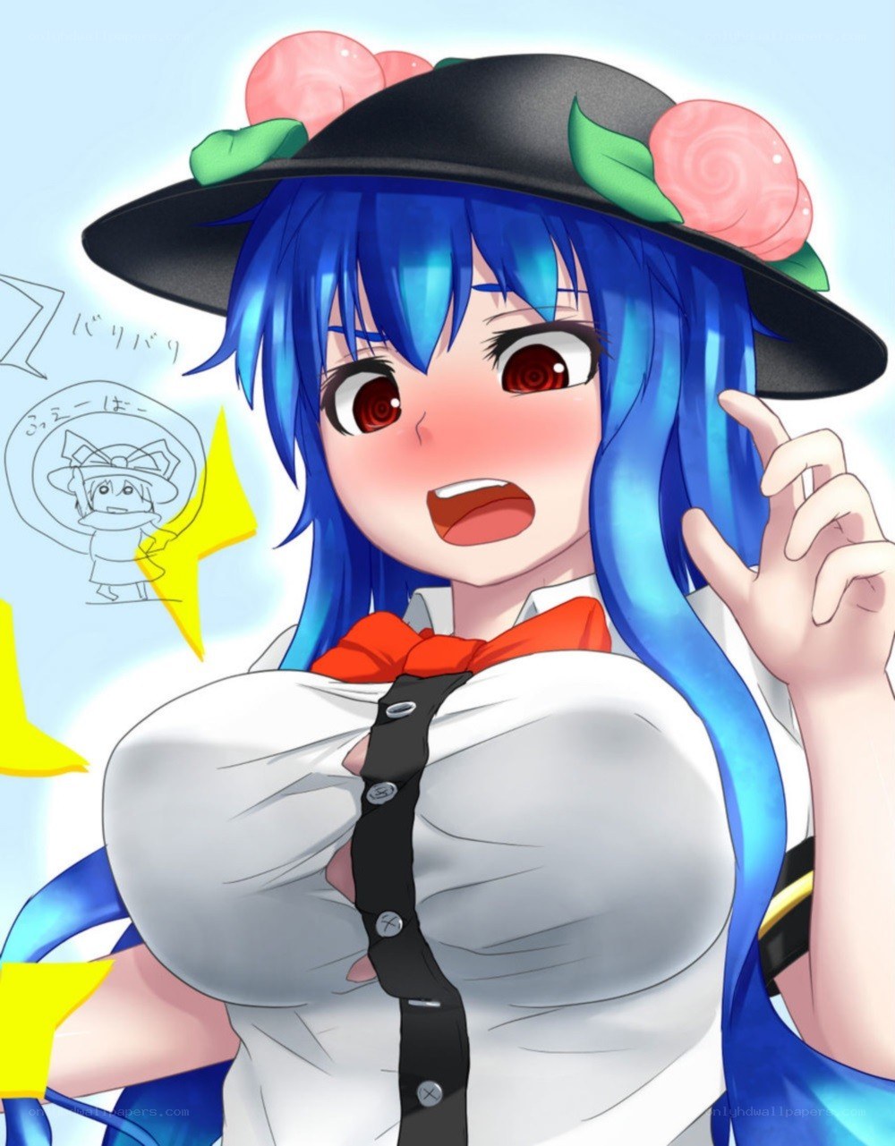 blue-haired anime girl with hat