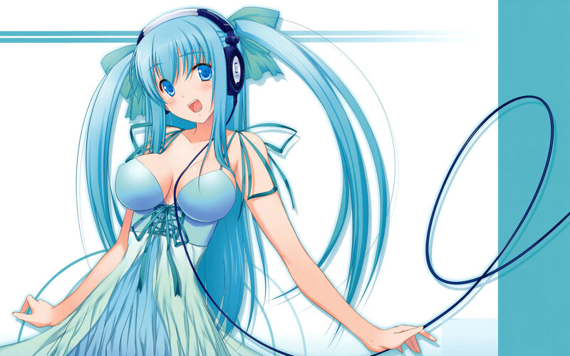 blue-haired anime girl with headphones