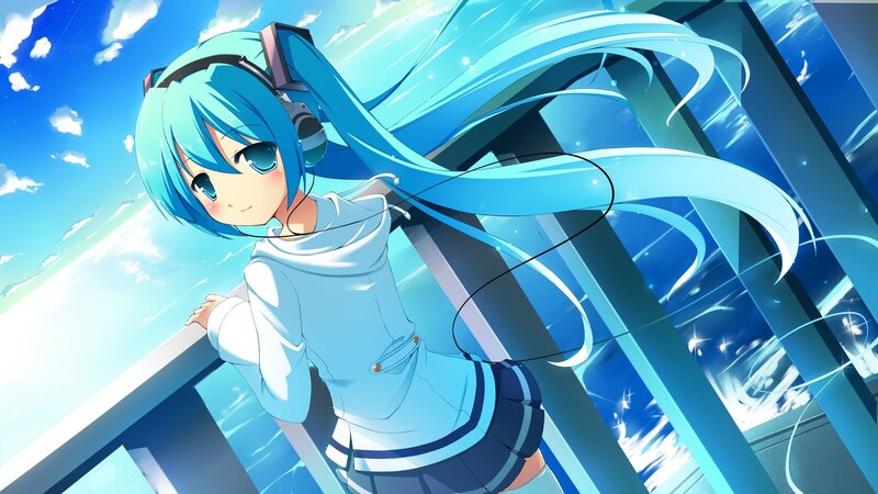blue-haired anime girl with headphones