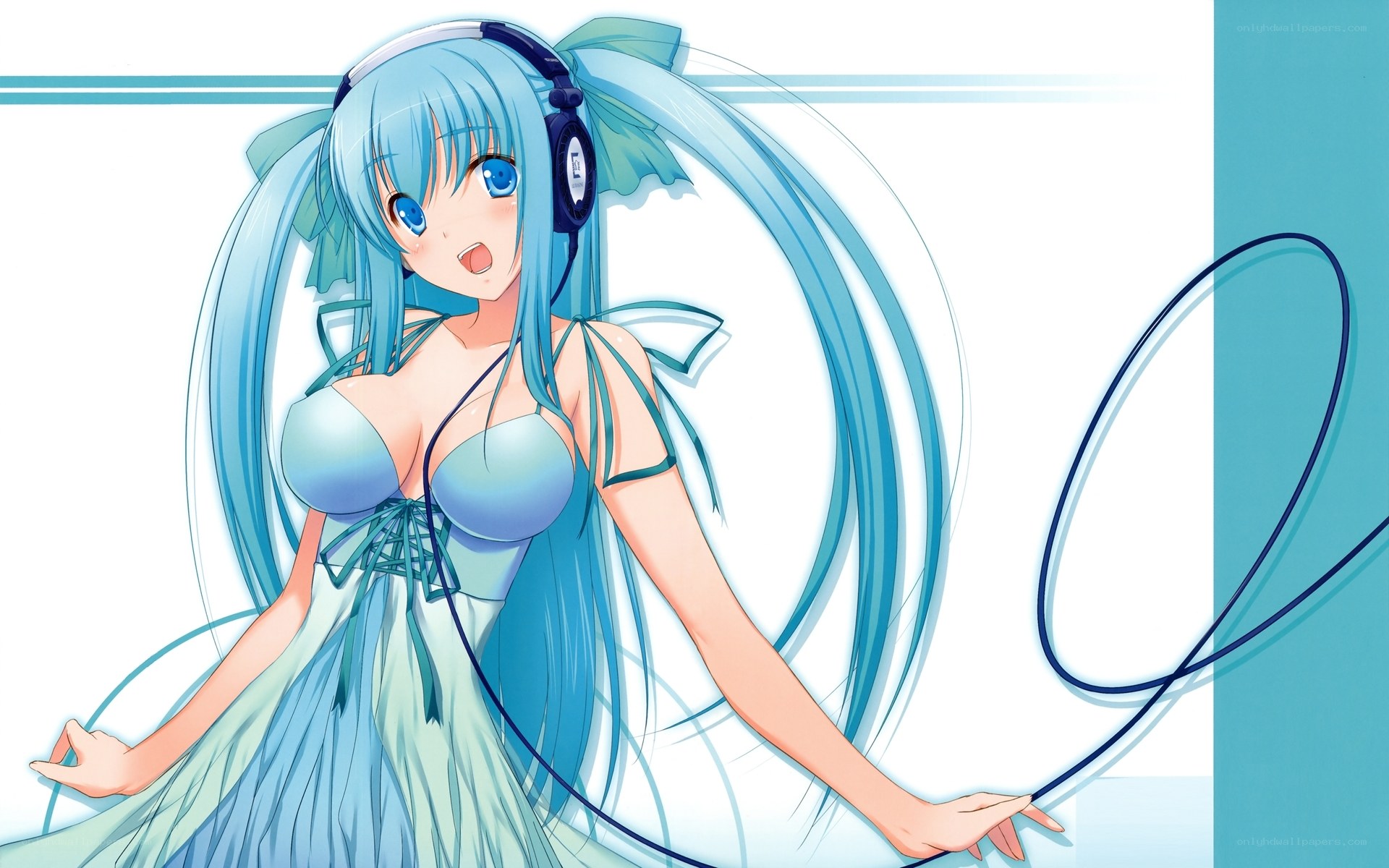 blue-haired anime girl with headphones