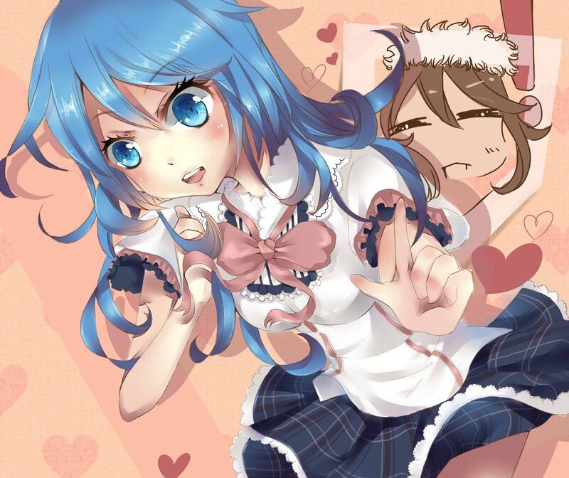 Blue-haired anime girl with hearts